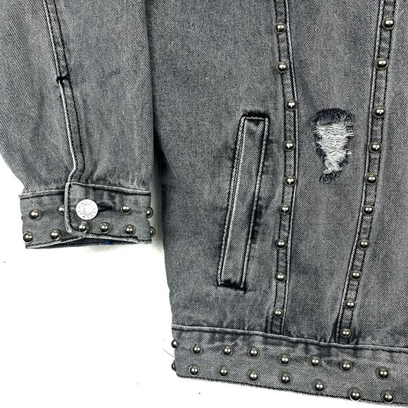 Denim Jean Jacket Womens SZ M Gray Button down Distressed Ripped Silver studs - Picture 6 of 13